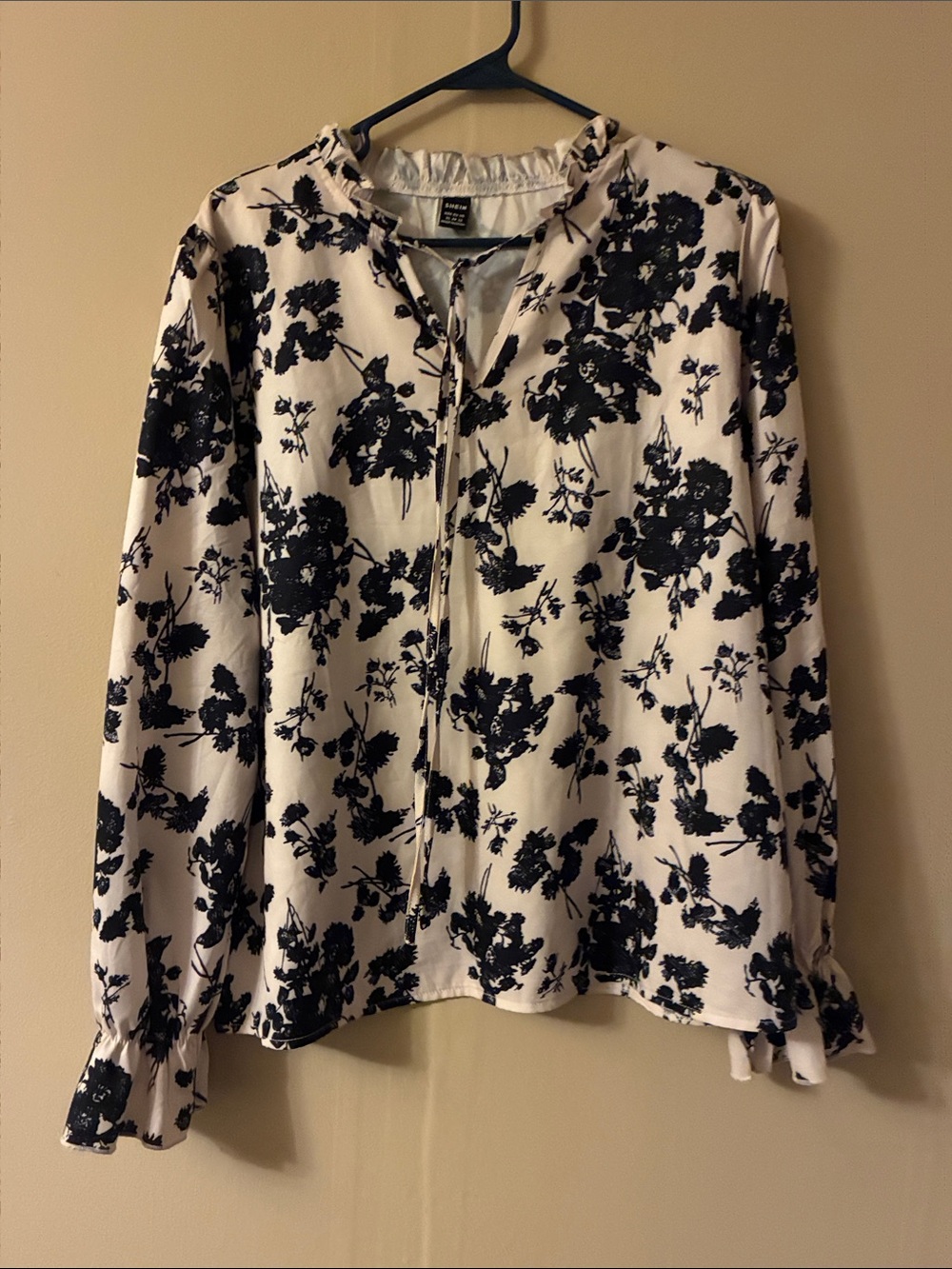 SHEIN White Blouse with Black Floral Print and Tie Neck